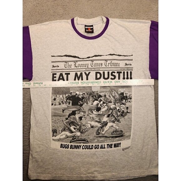 Vintage 1995 Looney Tunes Tribune Football Single Stitch Adult XL Grey T-Shirt - Picture 8 of 15